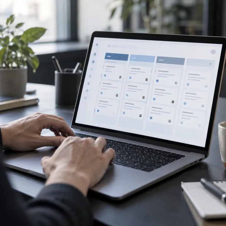 Tablero comercial en una laptop, imagen ilustrativa de CRM y automatización