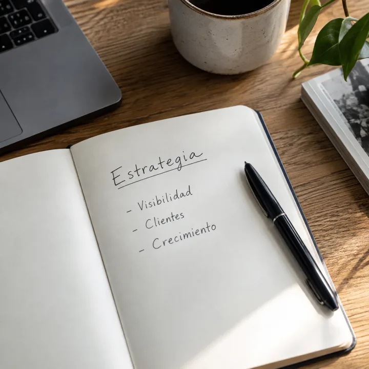 Cuaderno de planeación con notas; imagen ilustrativa de estrategia digital
